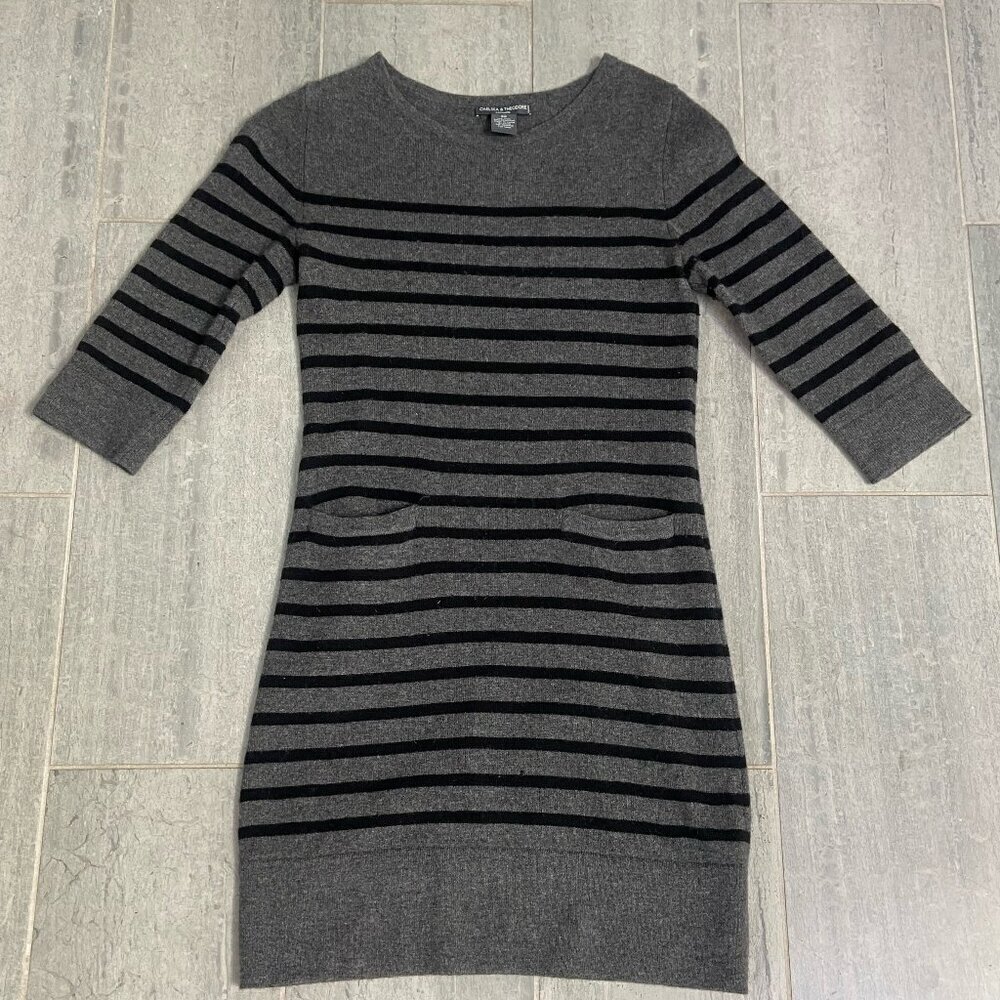 Chelsea & Theodore Striped Cashmere Wool Mini Dress Grey/Black Size 0-2 Petite